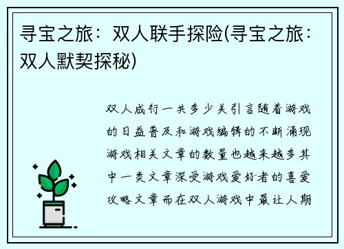 寻宝之旅：双人联手探险(寻宝之旅：双人默契探秘)